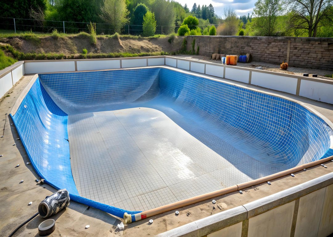 Replacing a worn-out pool PVC liner with a new one , pool, PVC, liner, replacement, repair